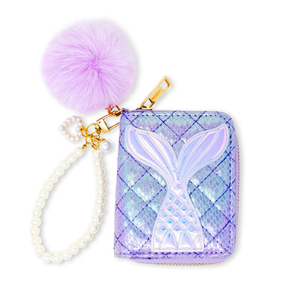 Mermaid Tail Pearl Strap Quilted Wallet with Pom-Pom