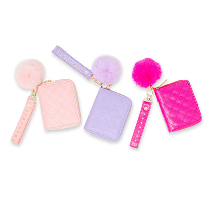 Quilted Stud Strap Wallet with Pom-Pom