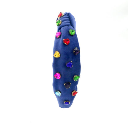 Kid and Tween Blue Velvet Knotted Headband with Heart Crystals