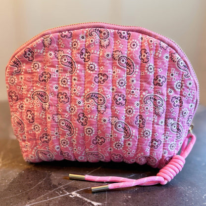 Quilted Paisley Cosmetic Case – Soft Curve Makeup Pouch in Pink, Blue, or Green Bandana Print