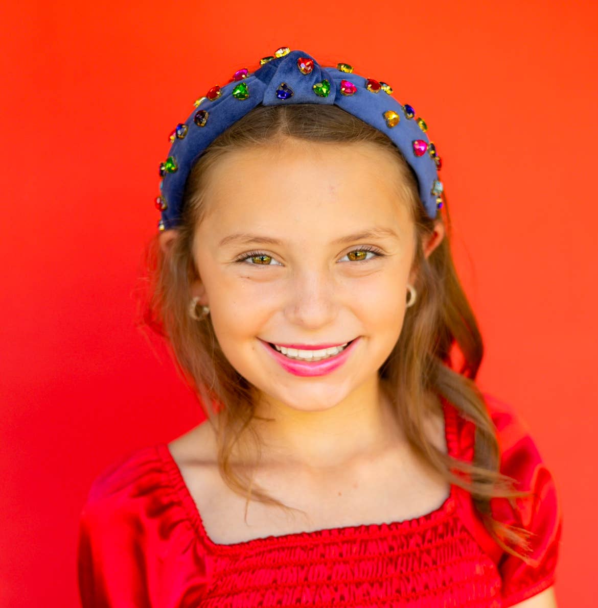 Kid and Tween Blue Velvet Knotted Headband with Heart Crystals