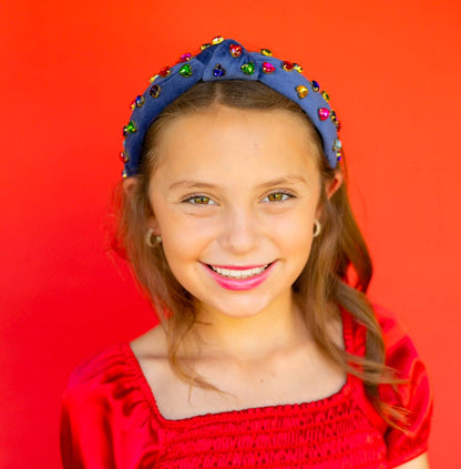 Kid and Tween Blue Velvet Knotted Headband with Heart Crystals