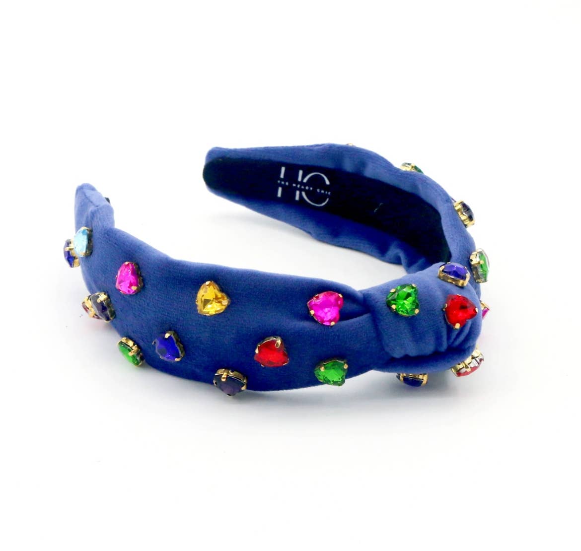 Kid and Tween Blue Velvet Knotted Headband with Heart Crystals