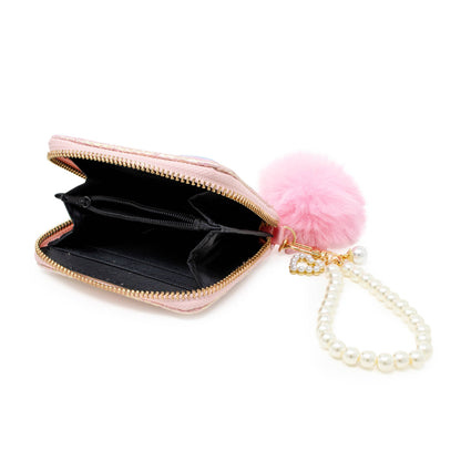 Mermaid Tail Pearl Strap Quilted Wallet with Pom-Pom