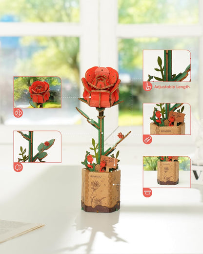 3D Puzzles, Wooden Artificial Flower. Red Rose