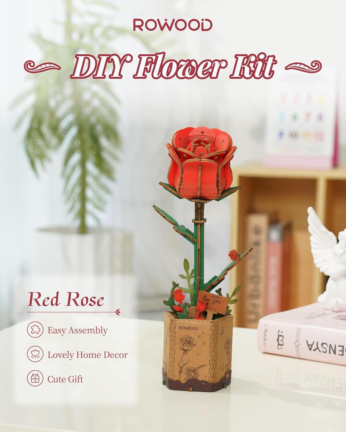 3D Puzzles, Wooden Artificial Flower. Red Rose