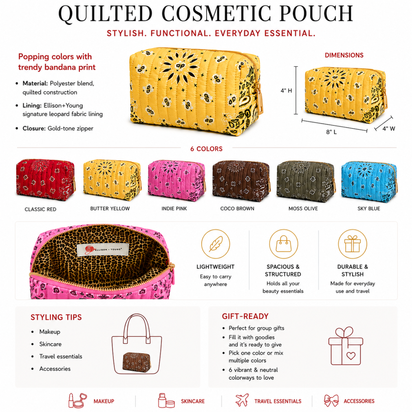 Ellison+Young Bandana Cosmetic Case, Everyday Travel Pouch