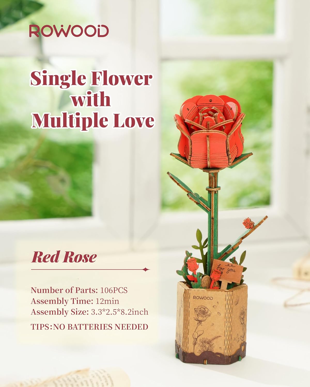 3D Puzzles, Wooden Artificial Flower. Red Rose