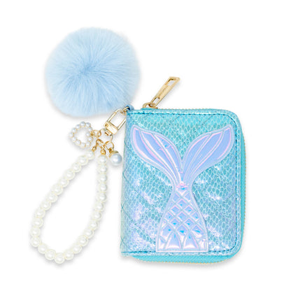 Mermaid Tail Pearl Strap Quilted Wallet with Pom-Pom