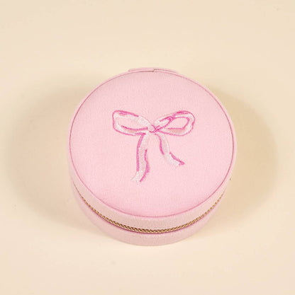 Round Velvet Jewelry Case–Bow Pink