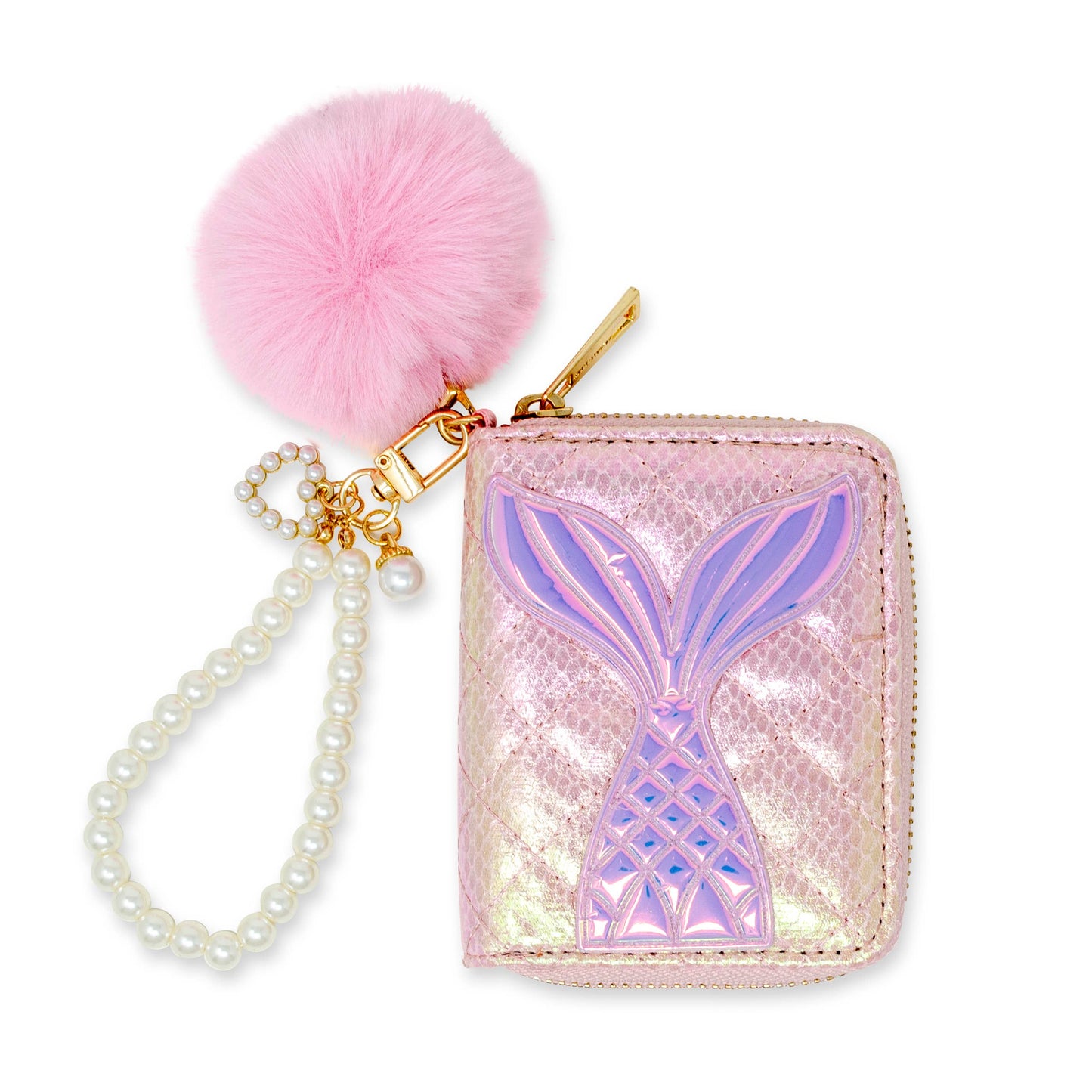 Mermaid Tail Pearl Strap Quilted Wallet with Pom-Pom