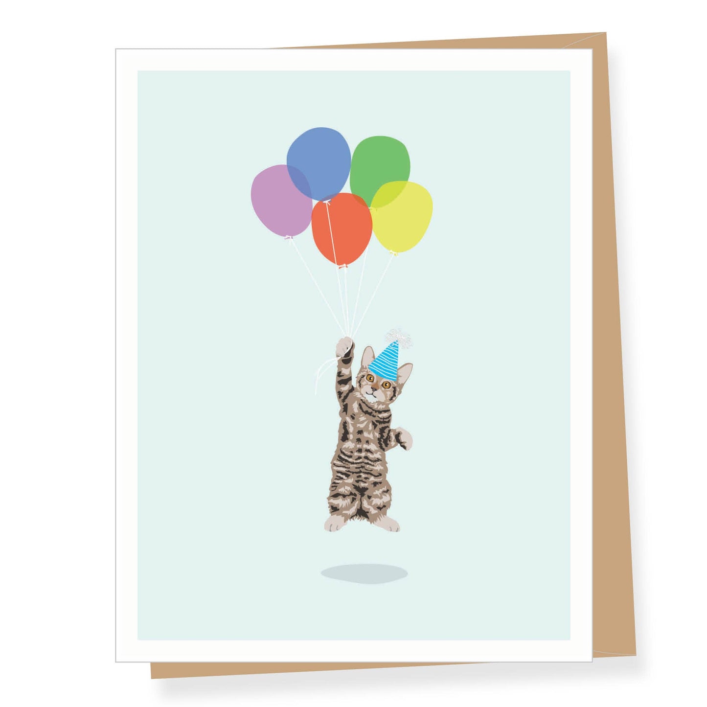 Cat Floating with Balloons Birthday Card