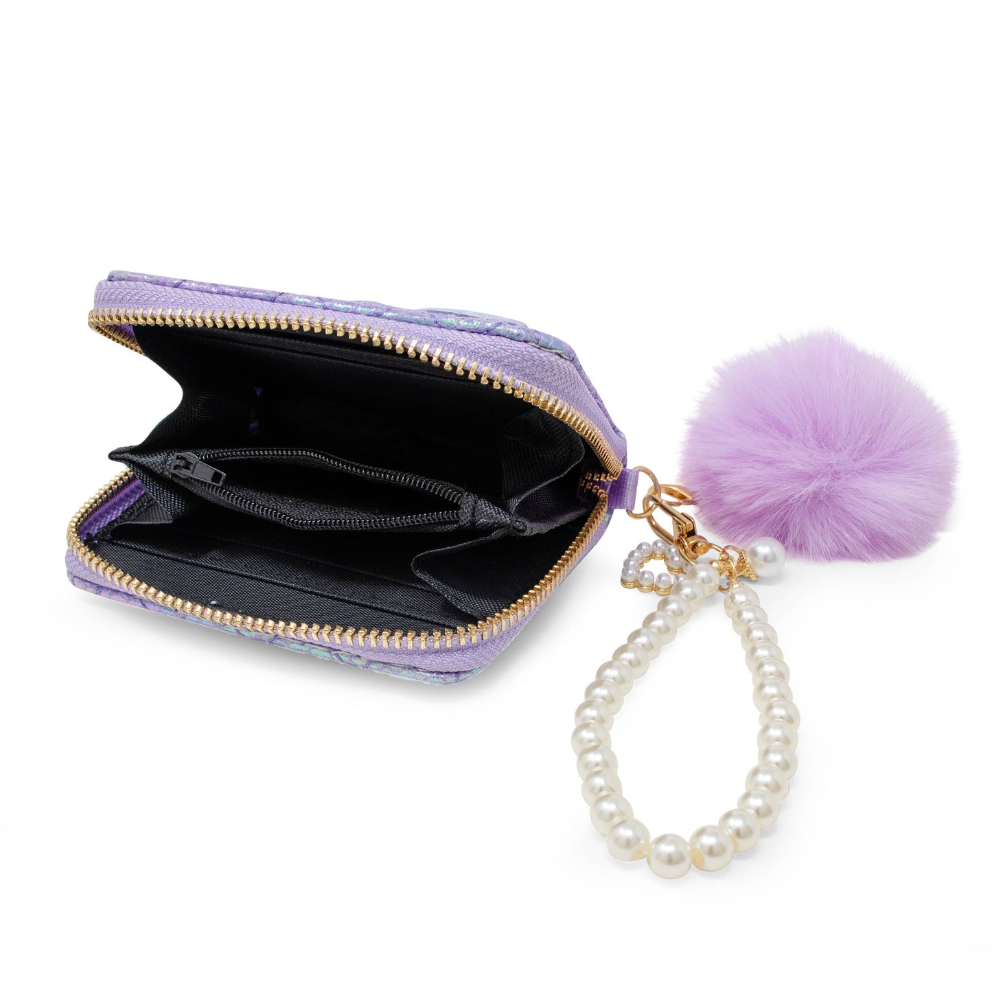 Mermaid Tail Pearl Strap Quilted Wallet with Pom-Pom