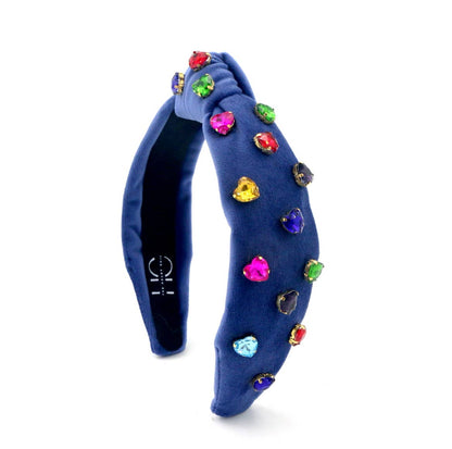 Kid and Tween Blue Velvet Knotted Headband with Heart Crystals