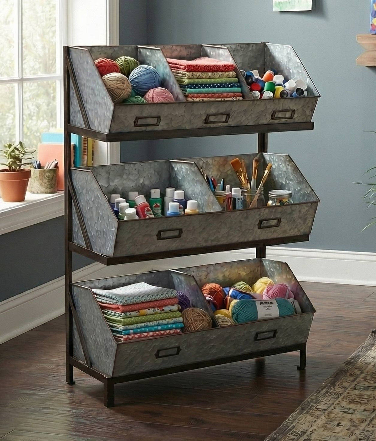 Industrial Metal Bin Organizer with 7 bins