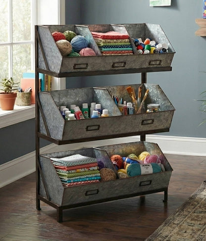 Industrial Metal Bin Organizer with 7 bins