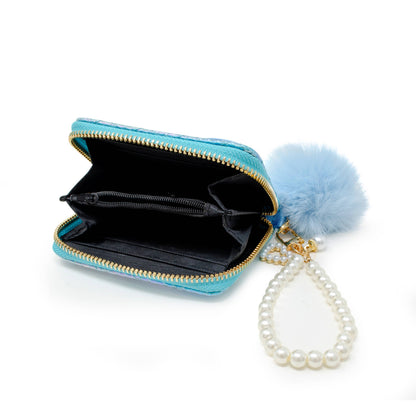 Mermaid Tail Pearl Strap Quilted Wallet with Pom-Pom