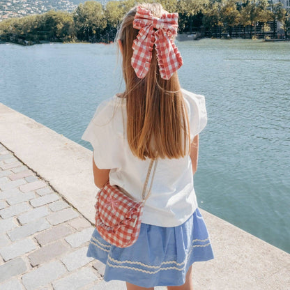 Gingham Ruffle Long Bow Clip